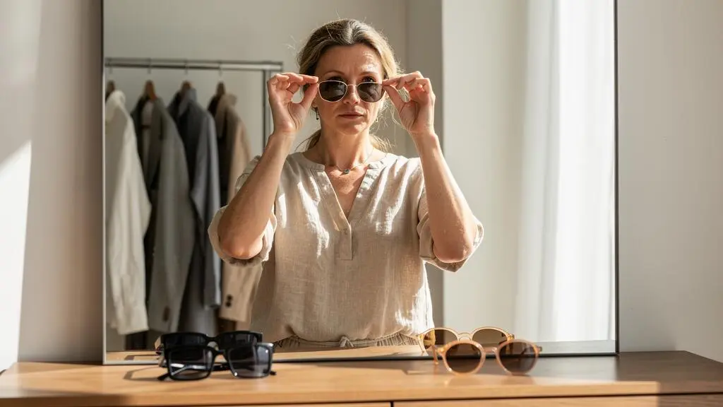 Une femme essaie deux montures de lunettes de soleil différentes devant son miroir.
