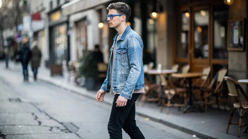 Un homme en jean marche dans la rue avec ses lunettes bleues.