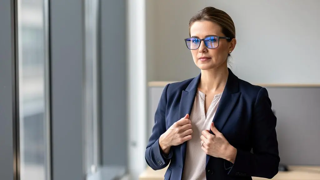 Une femme portant des lunettes bleues ajuste sa veste dans un bureau lumineux.