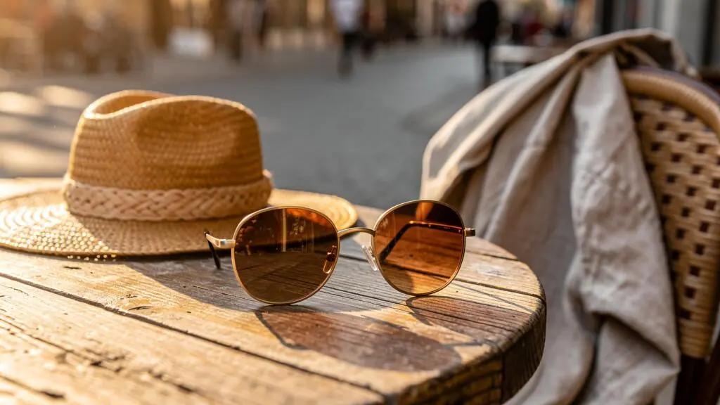 Des lunettes de soleil rondes posées sur une table en bois de terrasse.